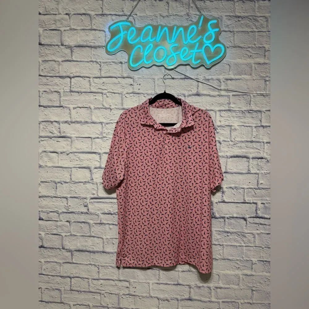 Vineyard Vines Polo Shirt Marlin Print White Red Stripes Performance Large
